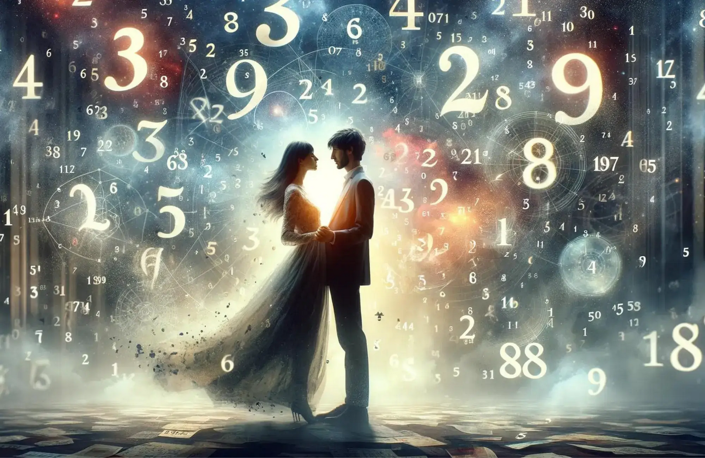 A stylized numerology-themed couple portrait.