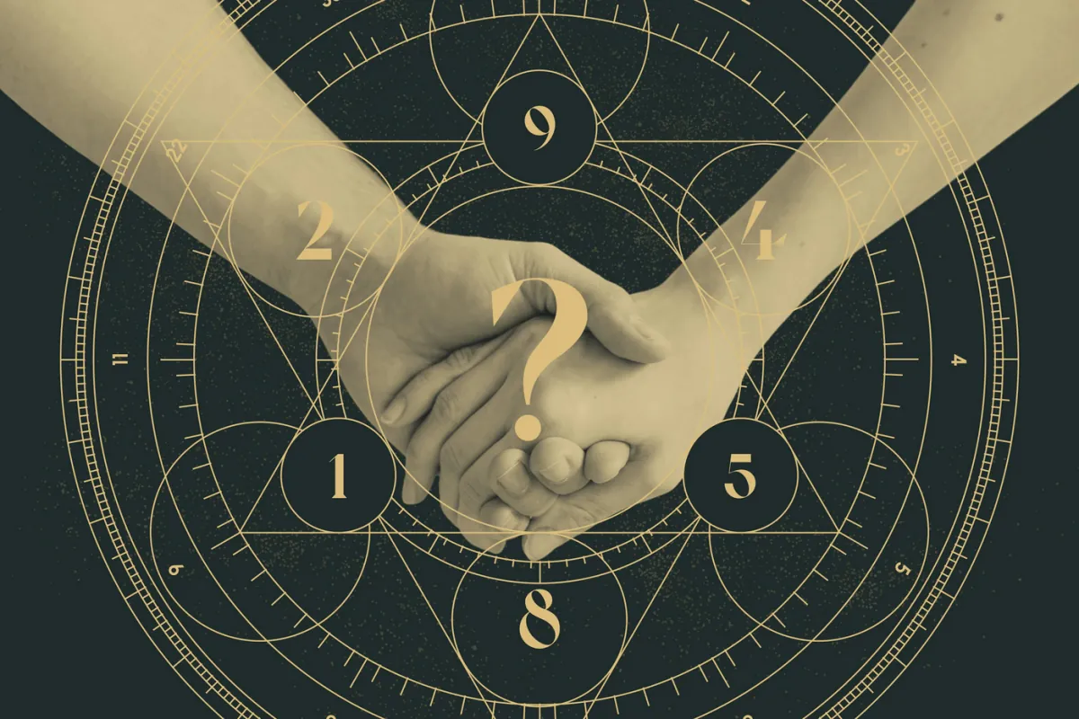 Hands clasped over a geometric numerology wheel marked with numbers.