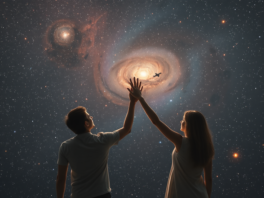 Two people talking calmly under a night sky.