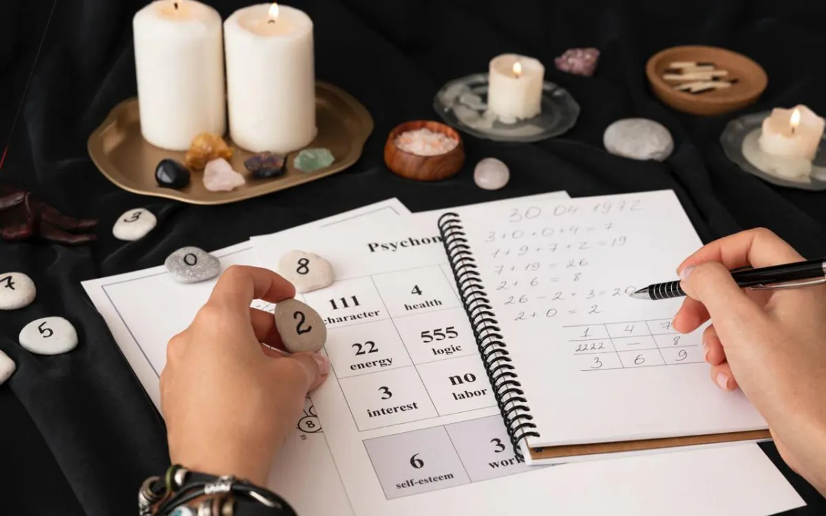 A hand writing numbers into a numerology chart beside candles and stones.