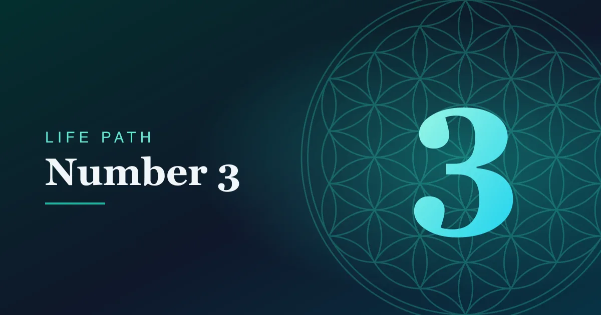 Life Path number 3 card with a Flower of Life pattern on a teal gradient.