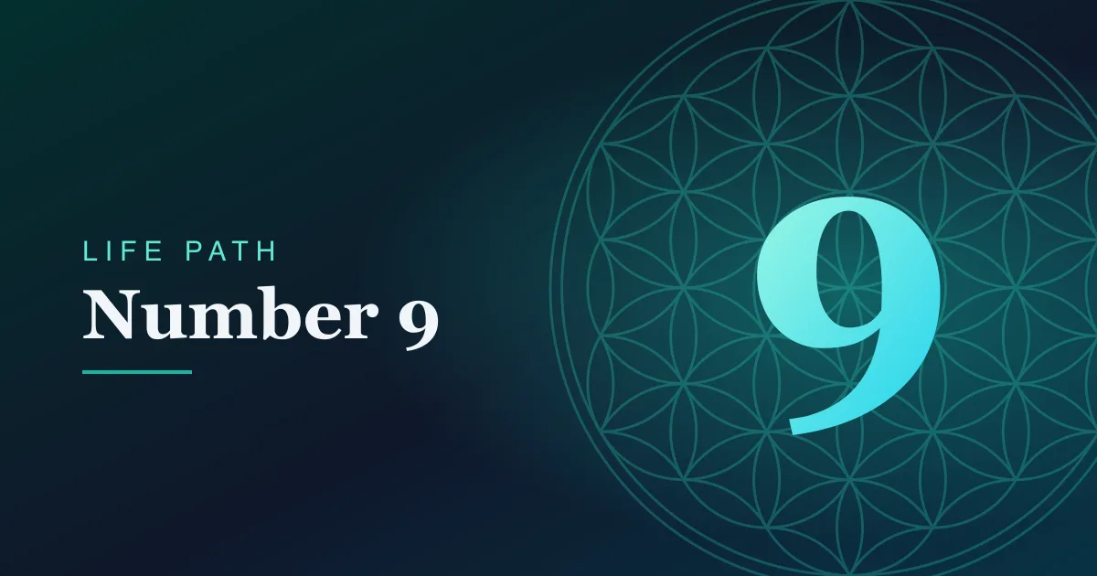 Life Path number 9 card with a Flower of Life pattern on a teal gradient.